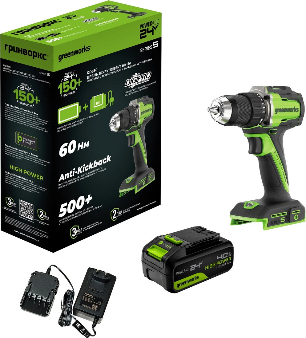 

Дрель-шуруповерт Greenworks DD560 3708407CUB (с 1-им АКБ)