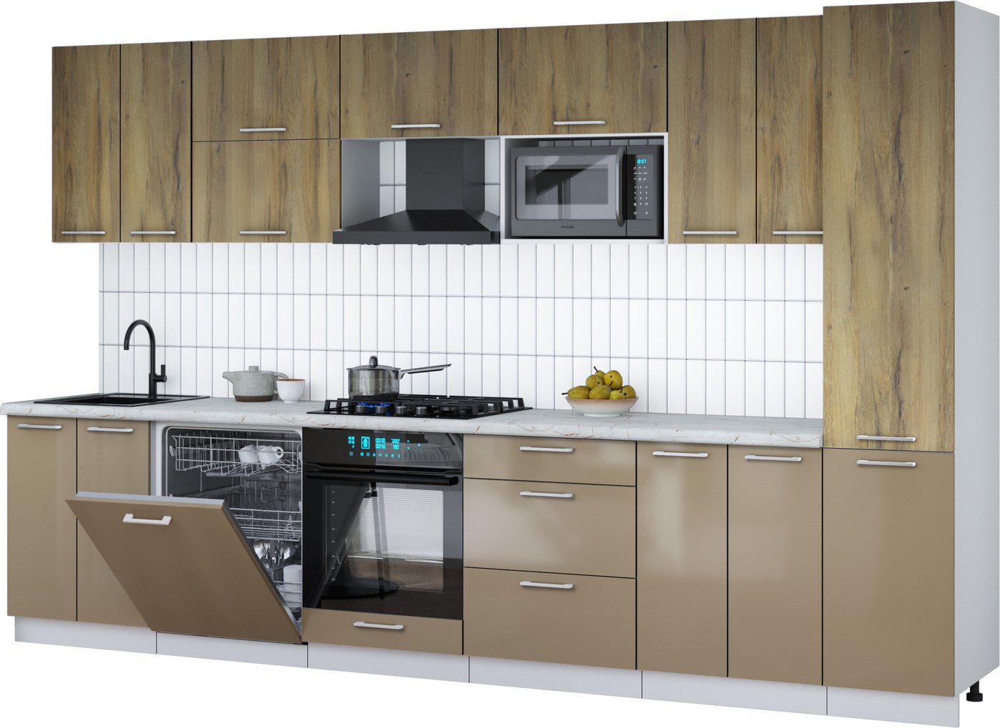 

Готовая кухня Интерлиния Мила Gloss 3.4-ПМ2 (капучино глянец/дуб вотан/серый каспий)