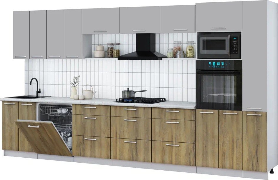 

Готовая кухня Интерлиния Мила Gloss 3.9-ПМ1 (дуб вотан/грей/серый каспий)