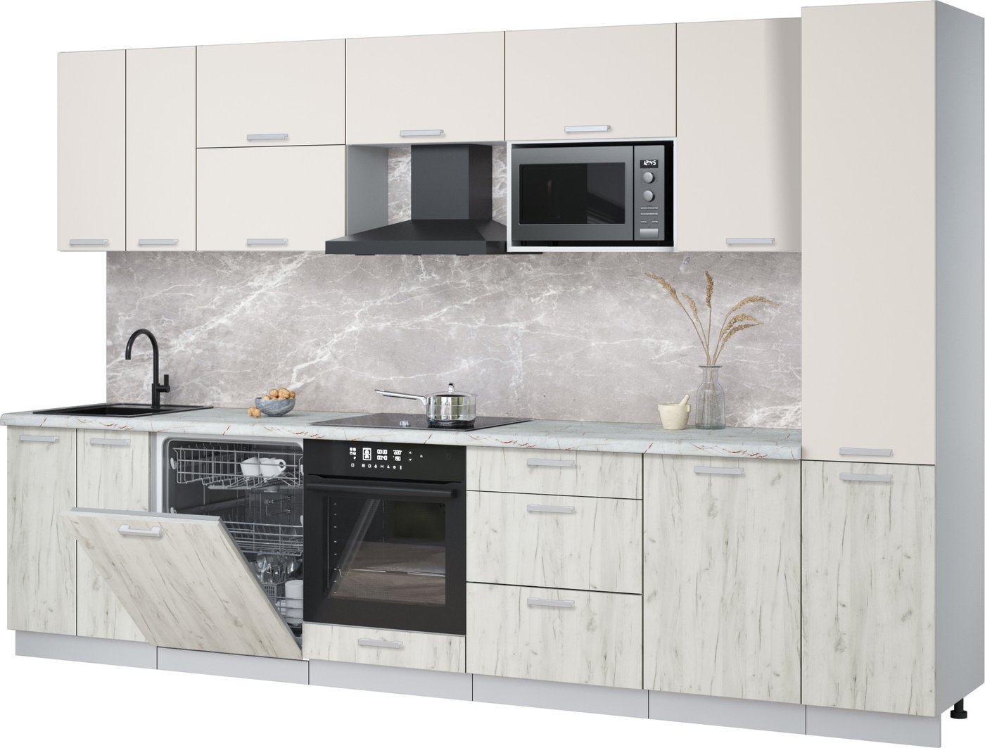 

Готовая кухня Интерлиния Мила Лайт 3.3-ПМ2 (персидский жемчуг/дуб белый/серый каспий)