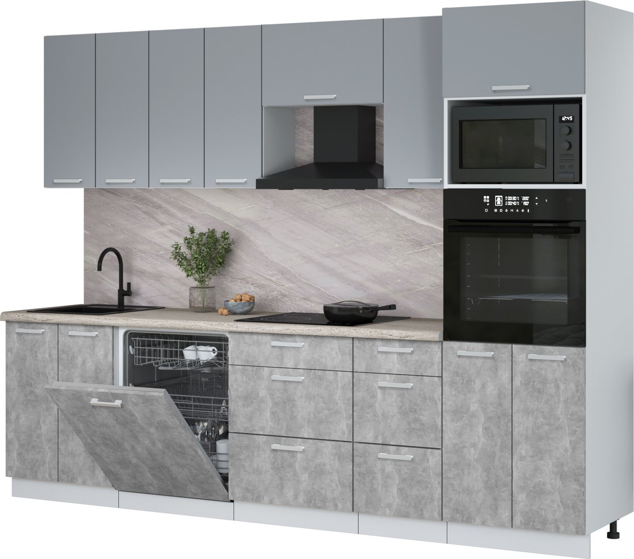 

Готовая кухня Интерлиния Мила Лайт 2.8-ПМ1 (серебро/бетон/травертин серый)