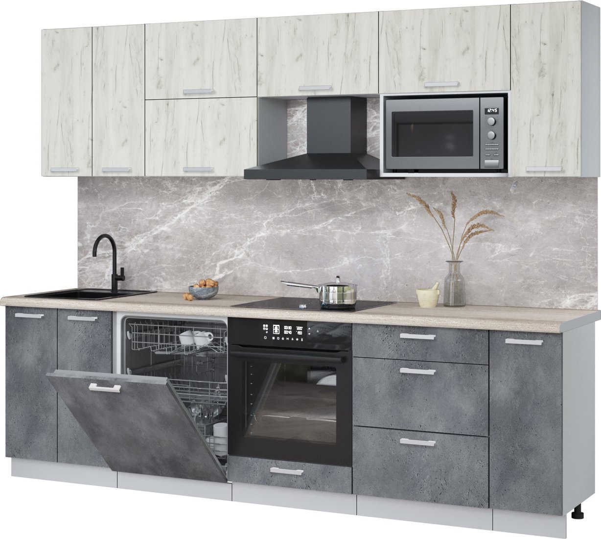 

Готовая кухня Интерлиния Мила Лайт 2.7-ПМ2 (дуб белый/бетон портленд/травертин)