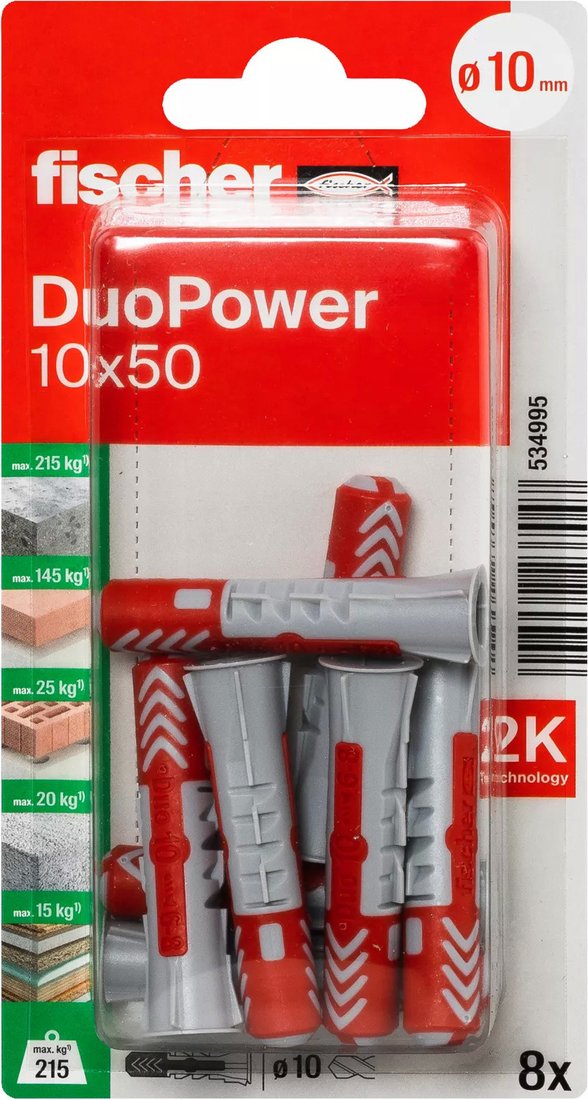 

Дюбель универсальный Fischer Duopower 10 x 50 K NV 534995 (8 шт)