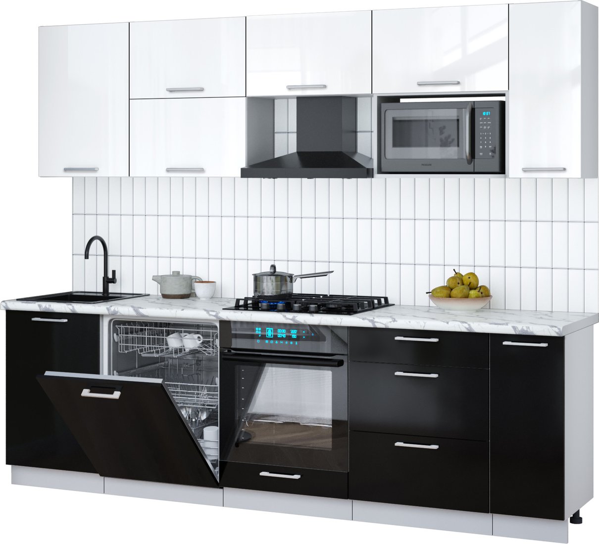 

Готовая кухня Интерлиния Мила Gloss 2.6-ПМ2 (черный глянец/белый глянец/белый гранит)