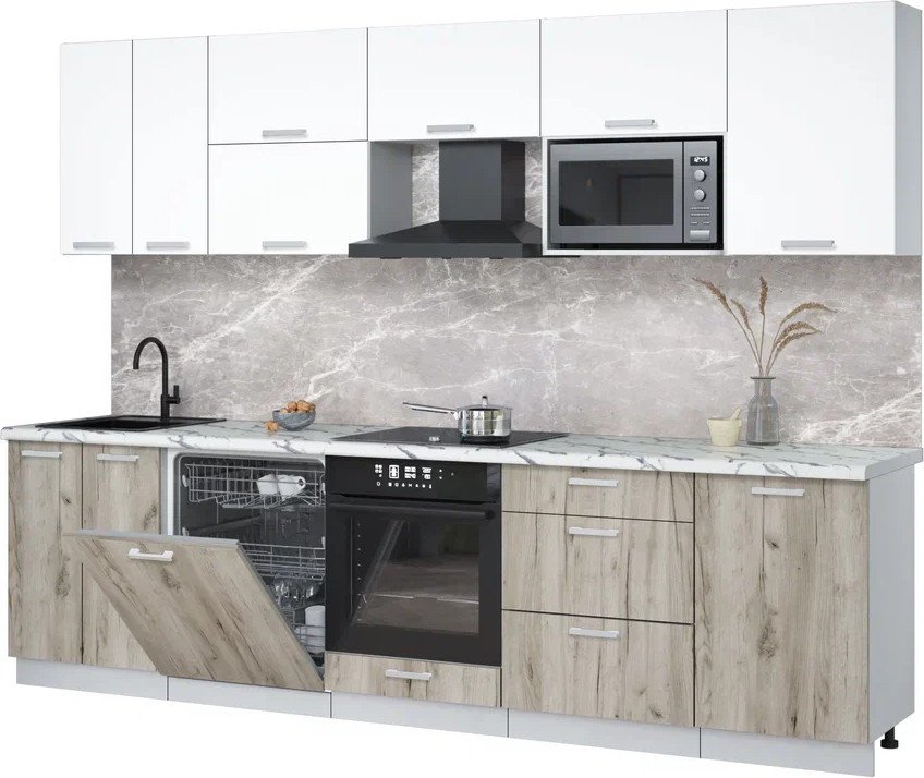 

Готовая кухня Интерлиния Мила Лайт 2.9-ПМ2 (белый платинум/дуб серый/белый гранит)