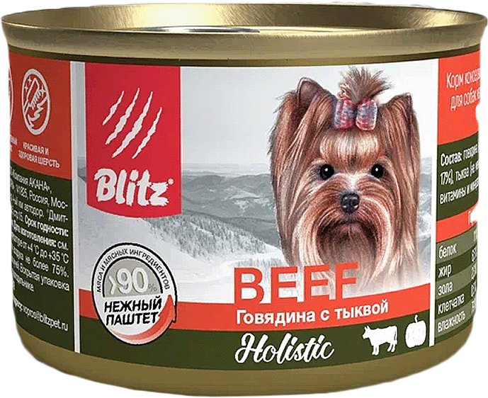 

Консервированный корм для собак Blitz Holistic Small Breed Beef with Pumpkin (для мелких пород с говядиной и тыквой) 200 г