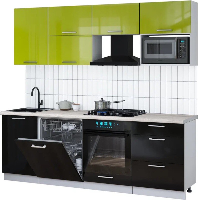 

Готовая кухня Интерлиния Мила Gloss 2.3-ПМ2 (черный глянец/яблоко глянец/травертин серый)