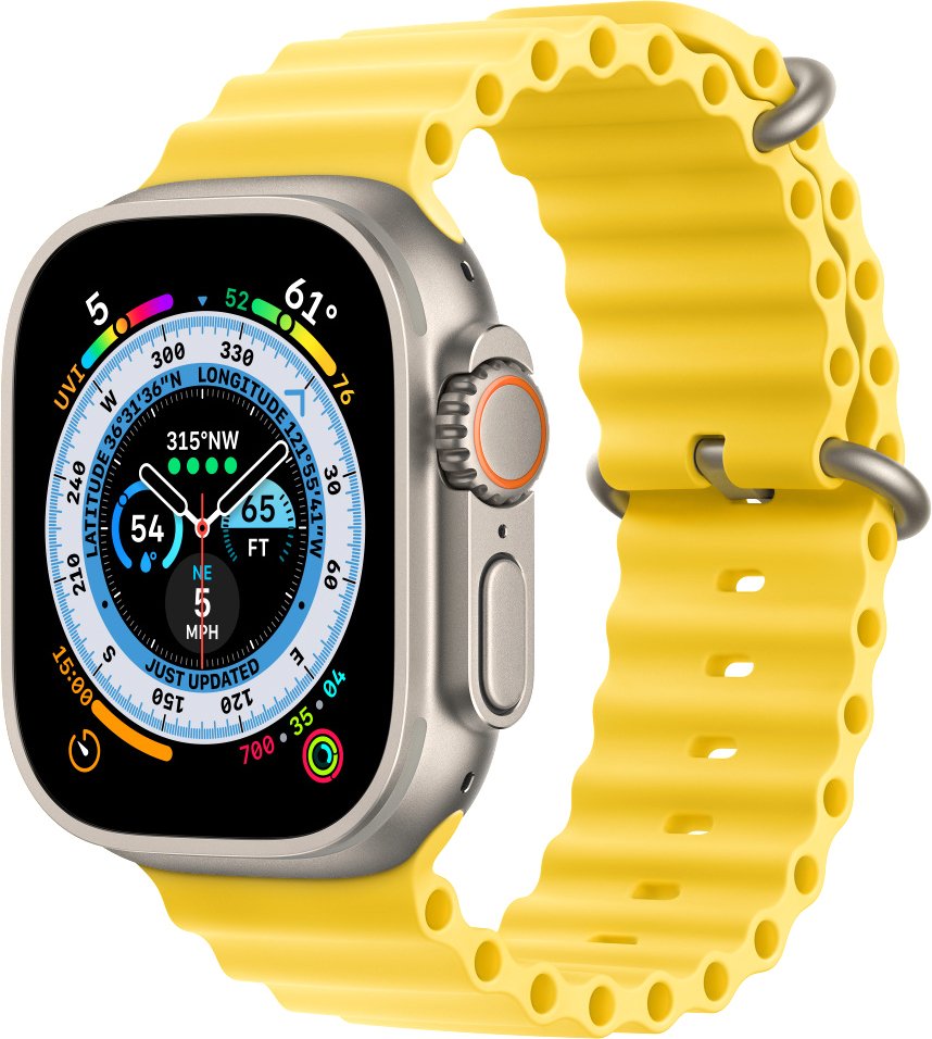 

Умные часы Apple Watch Ultra LTE 49 мм (титановый корпус, титановый/желтый, ремешок из эластомера)