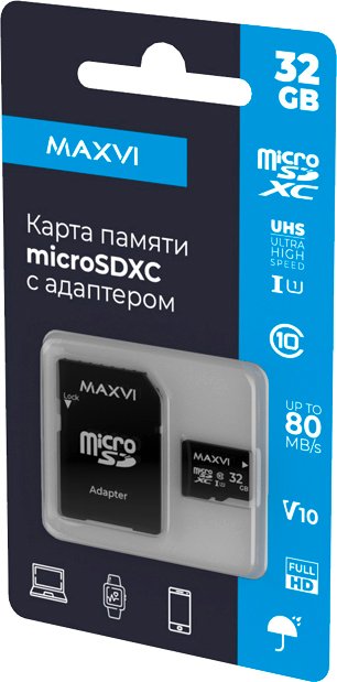 

Карта памяти Maxvi microSDHC 32GB MSD32GBC10V10 (с адаптером)