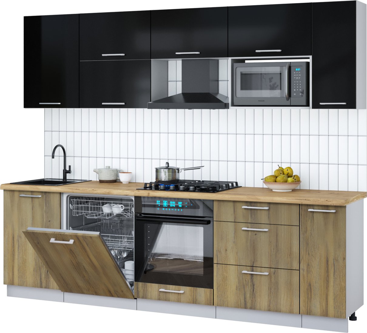 

Готовая кухня Интерлиния Мила Gloss 2.6-ПМ2 (дуб вотан/черный глянец/дуб бунратти)