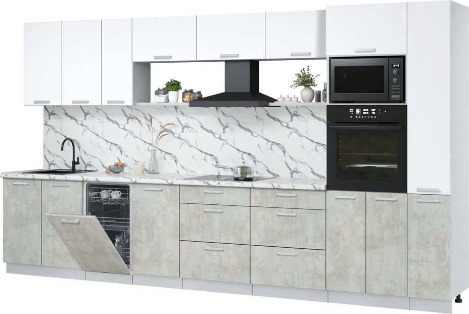 

Готовая кухня Интерлиния Мила Лайт 3.8-ПМ3 (белый платинум/бетон лайт/белый гранит)