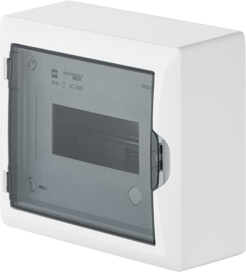 

Бокс пластиковый Elektro-Plast Eco Box 1x8M, N/PE 2x 2x16+5x10mm2, дымчатая пласт. дверь, белый RAL9003, 198x228x96mm, IP40