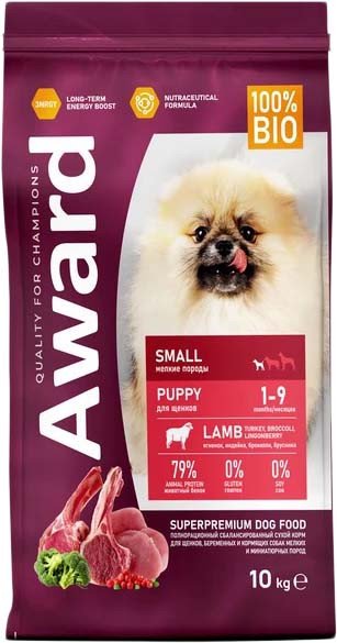 

Сухой корм для собак Award Puppy Small для щенков мелких и миниатюрных пород с ягненком, индейкой с добавлением брокколи и брусники 10 кг