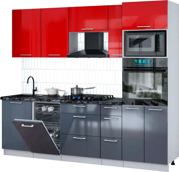 

Готовая кухня Интерлиния Мила Gloss 2.45-ПМ3 (асфальт глянец/красный глянец/кастилло темный)