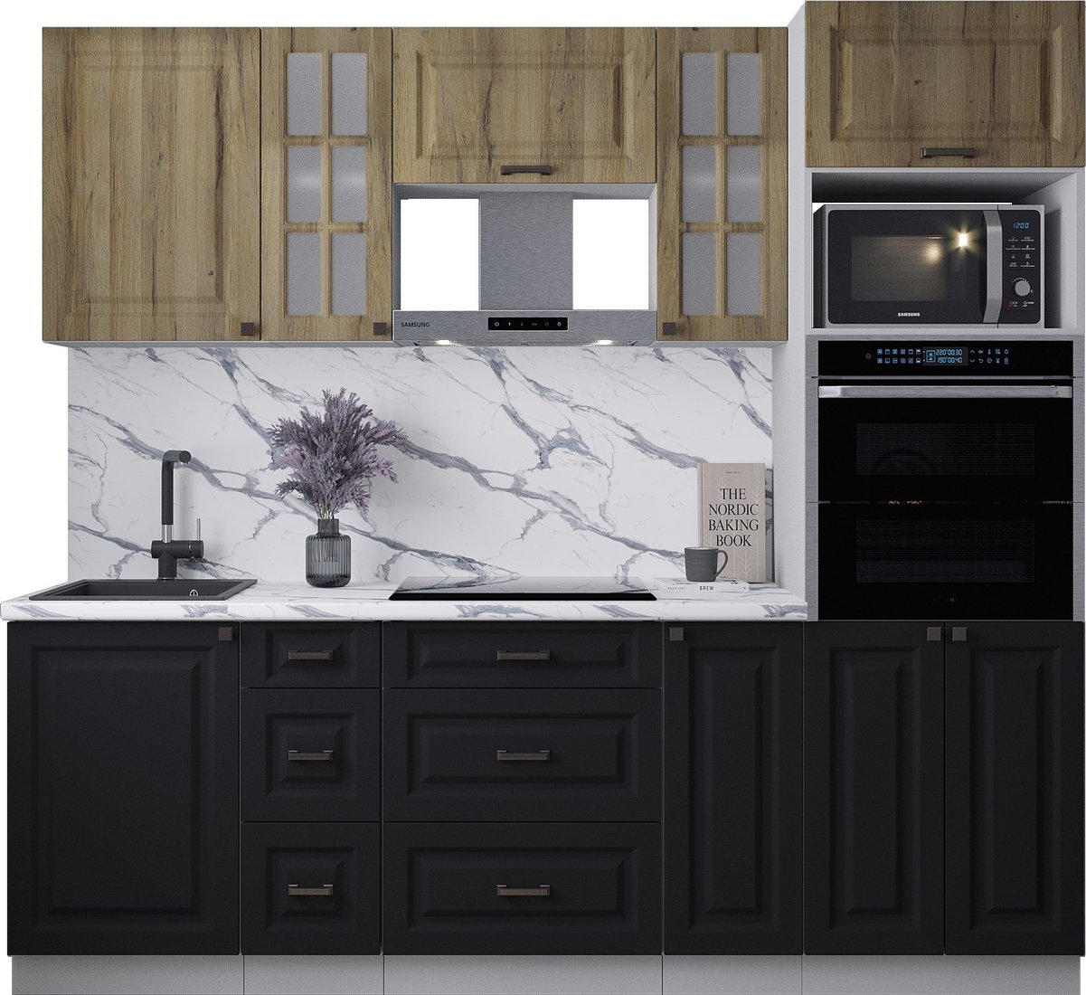 

Готовая кухня Интерлиния Мила Деко 2.3 (черный/дуб вотан/белый гранит)