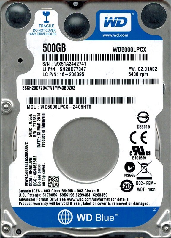 

Жесткий диск WD 500GB (WD5000LPCX-24C6HT0)