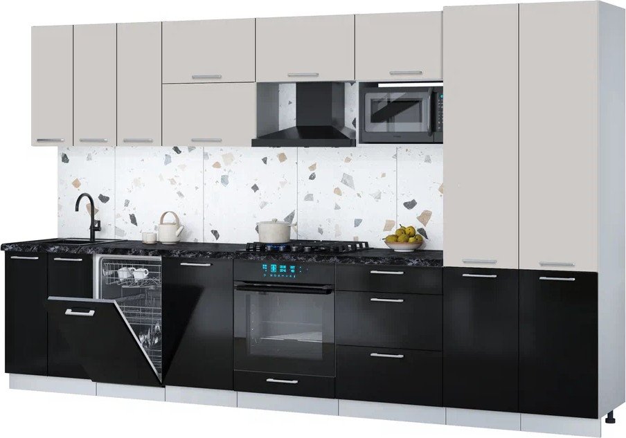 

Готовая кухня Интерлиния Мила Gloss 3.5-ПМ4 (черный глянец/кашемир/кастилло темный)