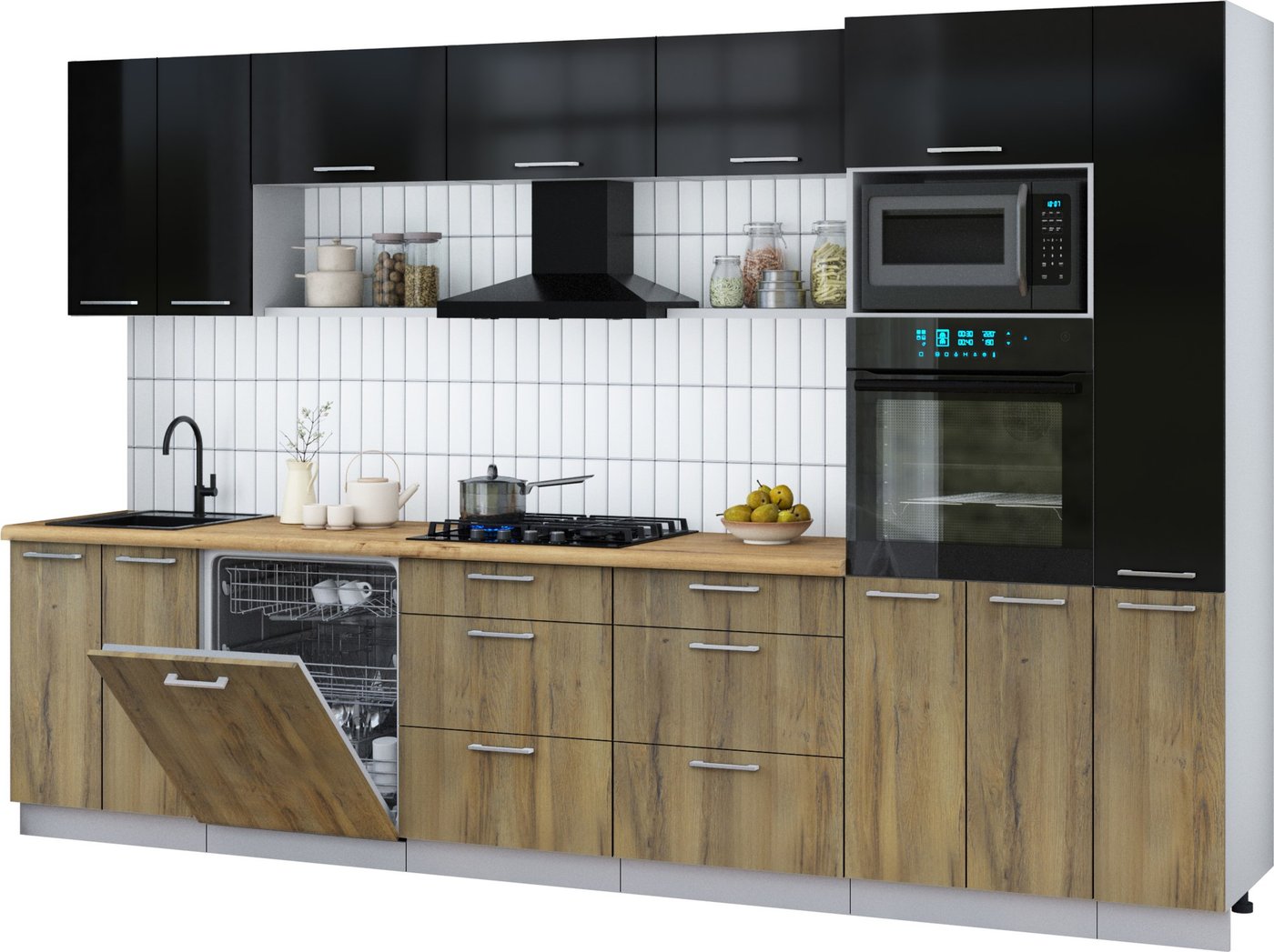 

Готовая кухня Интерлиния Мила Gloss 3.3-ПМ1 (дуб вотан/черный глянец/дуб бунратти)