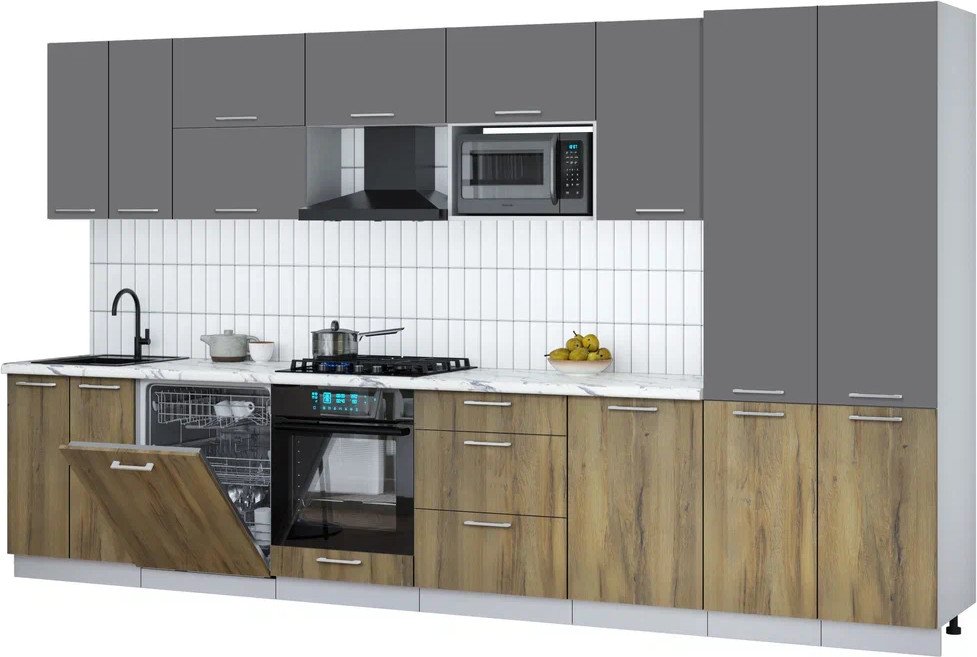 

Готовая кухня Интерлиния Мила Gloss 3.7-ПМ2 (дуб вотан/серый/белый гранит)