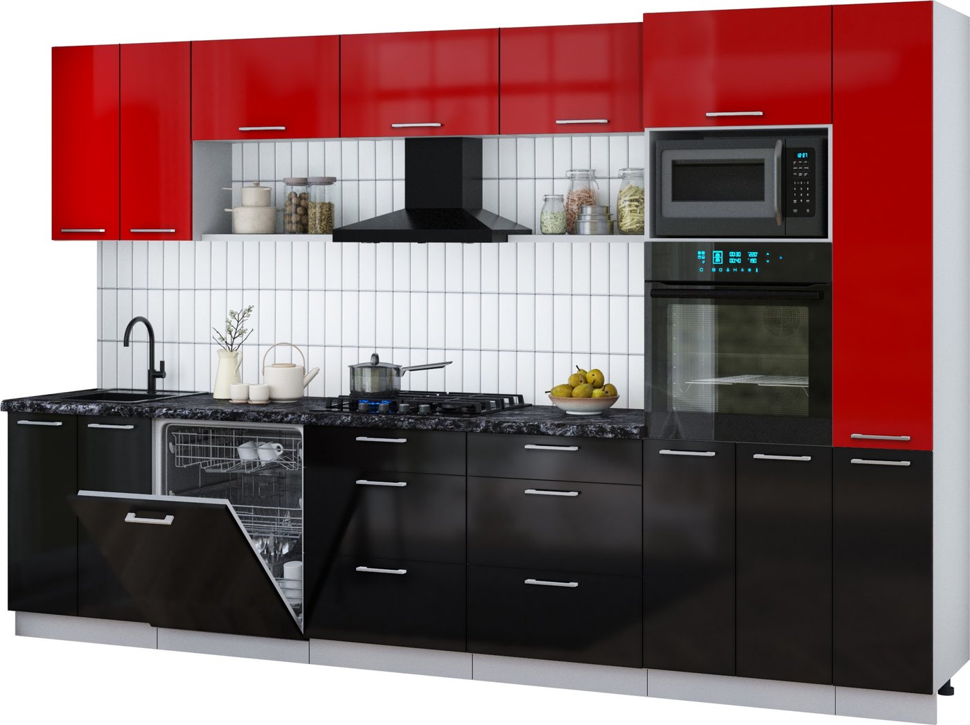 

Готовая кухня Интерлиния Мила Gloss 3.3-ПМ1 (черный глянец/красный глянец/кастилло темный)