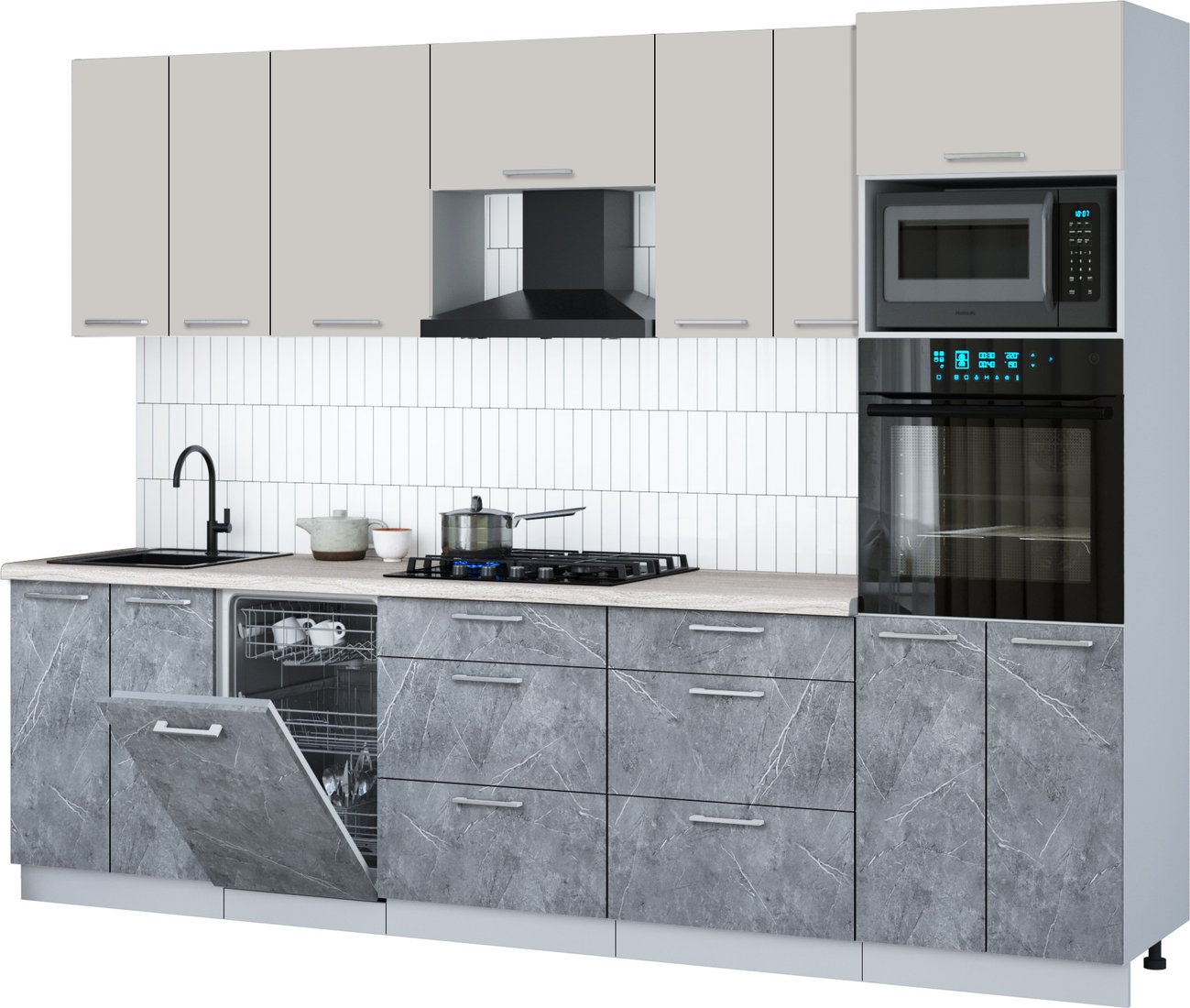 

Готовая кухня Интерлиния Мила Gloss 2.85-ПМ3 (керамика/кашемир/травертин серый)