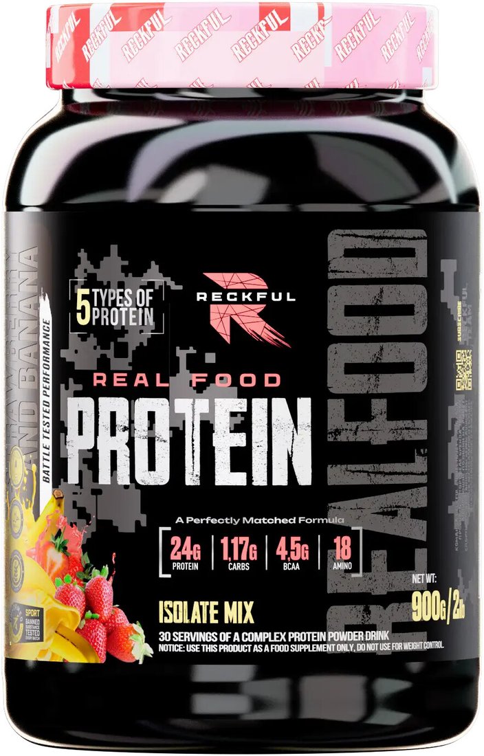 Протеин сывороточный (изолят) Reckful Real food Protein isolate-mix NO lactose (клубника/банан, 900г)