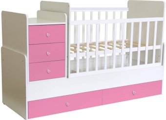 Кроватка-трансформер Polini Kids Simple 1100 с комодом (белый/розовый)
