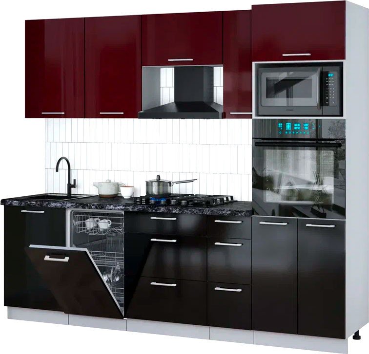 

Готовая кухня Интерлиния Мила Gloss 2.45-ПМ3 (черный глянец/бордовый глянец/кастилло темный)