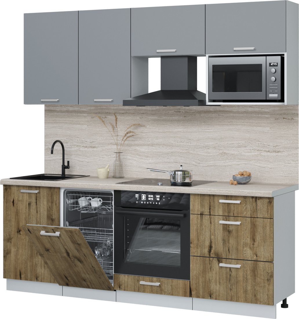 

Готовая кухня Интерлиния Мила Лайт 2.15-ПМ4 (серебро/дуб веллингтон/травертин серый)