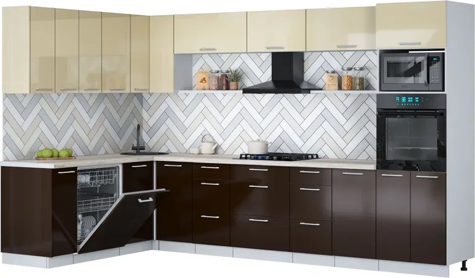 

Готовая кухня Интерлиния Мила Gloss 1.896х3.38-2 (шоколад глянец/ваниль глянец/травертин серый)