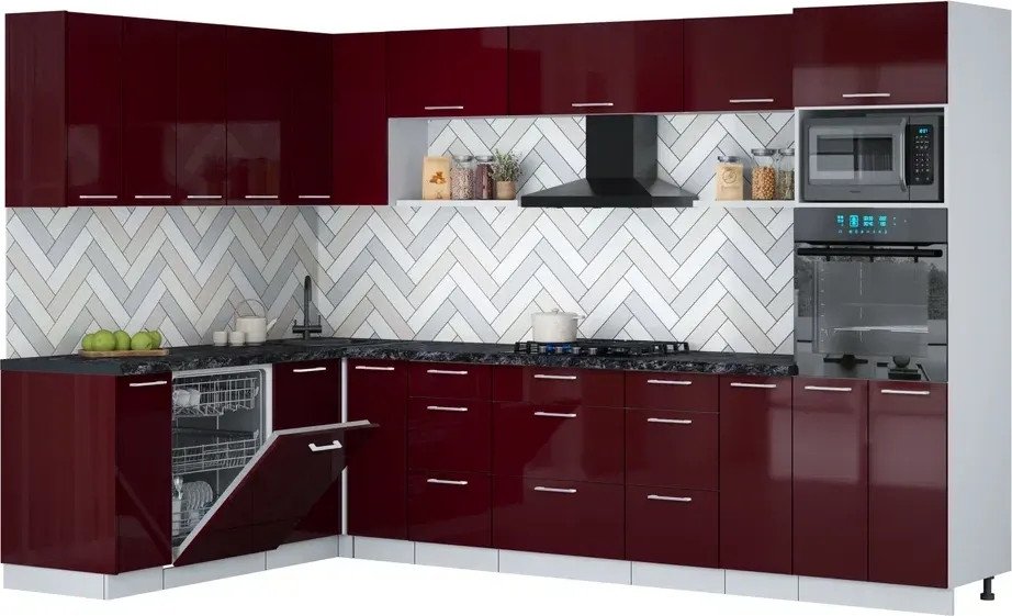Готовая кухня Интерлиния Мила Gloss 1.896х3.18 (бордовый глянец/бордовый глянец/кастилло темный)