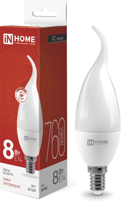 

Светодиодная лампочка In Home LED-Свеча на ветру-VC 8Вт 230В Е14 4000К 760Лм 4690612030432