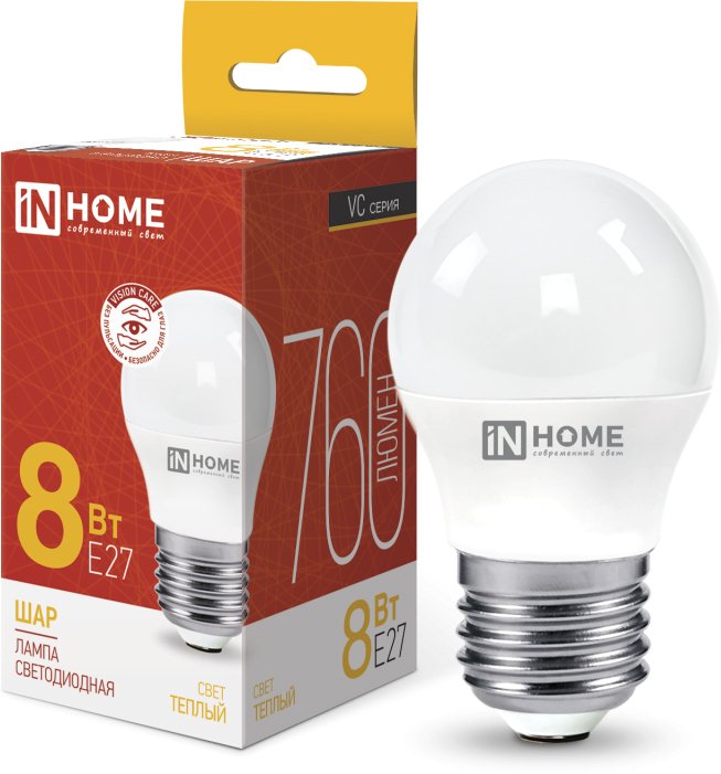 

Светодиодная лампочка In Home LED-Шар-VC 8Вт 230В Е27 3000К 760Лм 4690612020563