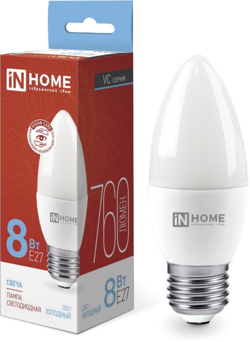 

Светодиодная лампочка In Home LED-Свеча-VC 8Вт 230В Е27 6500К 760Лм 4690612024820