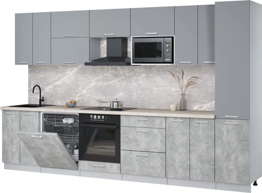 

Готовая кухня Интерлиния Мила Лайт 3.4-ПМ2 (серебро/бетон/травертин серый)