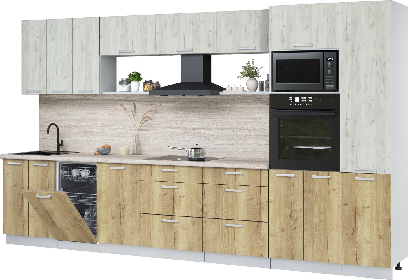 

Готовая кухня Интерлиния Мила Лайт 3.7-ПМ3 (дуб белый/дуб золотой/травертин серый)