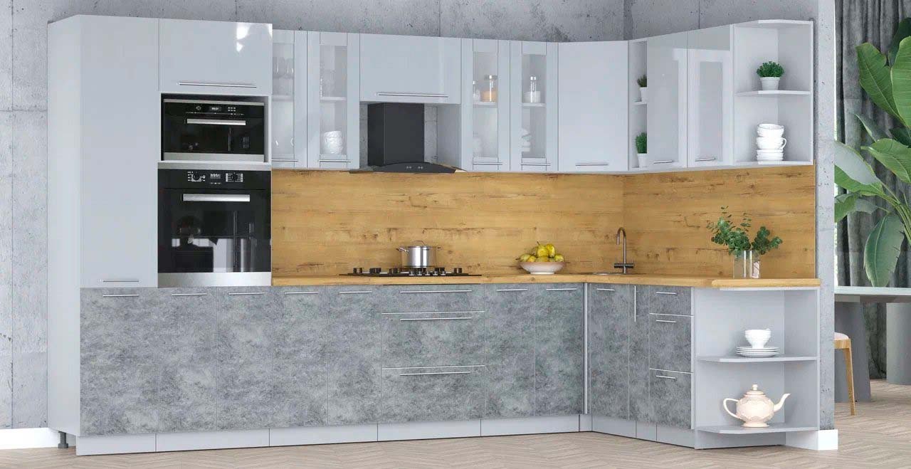 

Готовая кухня Интерлиния Мила Пластик 1.88x3.4 PR (туманный глянец/мрамор/дуб бунратти)