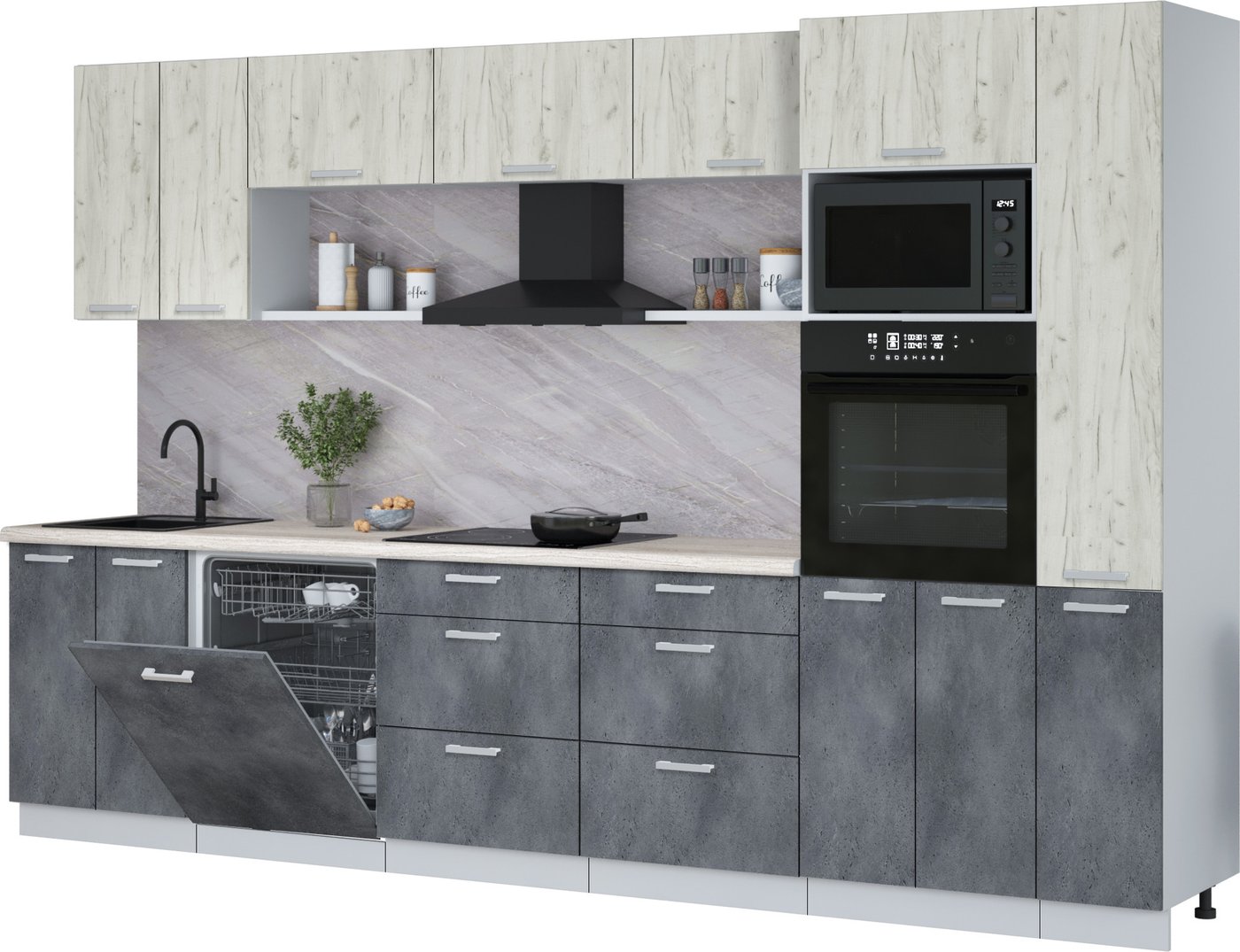 

Готовая кухня Интерлиния Мила Лайт 3.3-ПМ1 (дуб белый/бетон портленд/травертин серый)