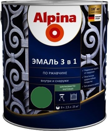 

Эмаль Alpina Эмаль 3 в 1 по ржавчине (зеленый, шелковисто-матовая, 2.5 л)