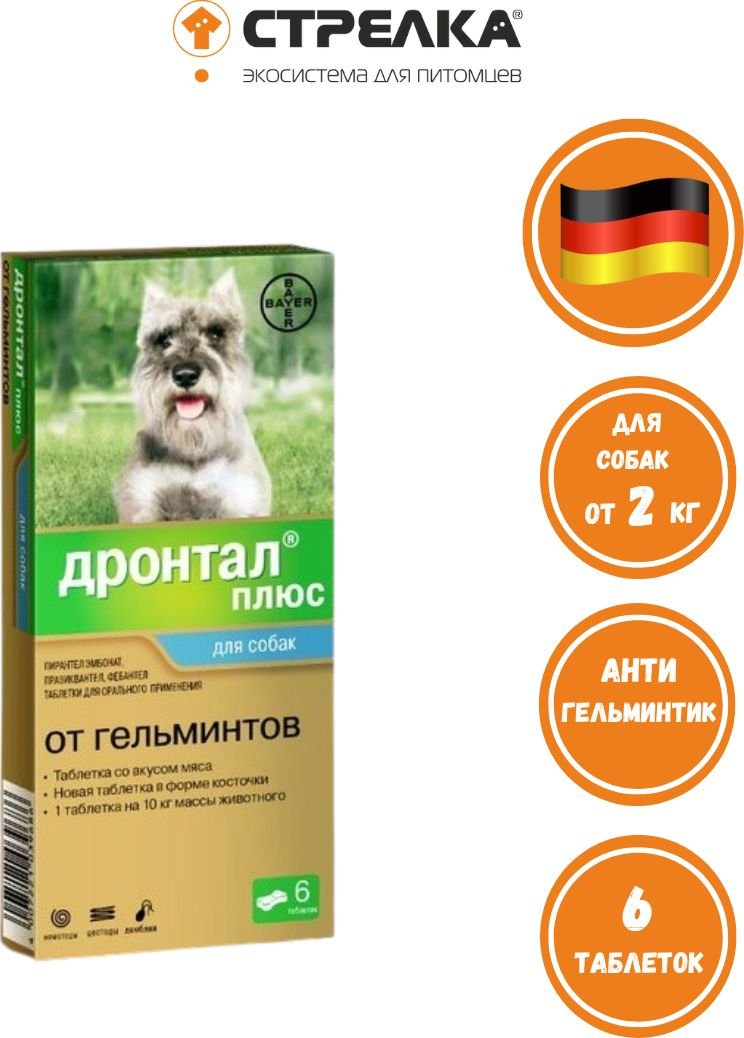 Таблетки от блох и клещей Elanco Дронтал плюс антигельминтик для собак со вкусом мяса (6 таблеток)