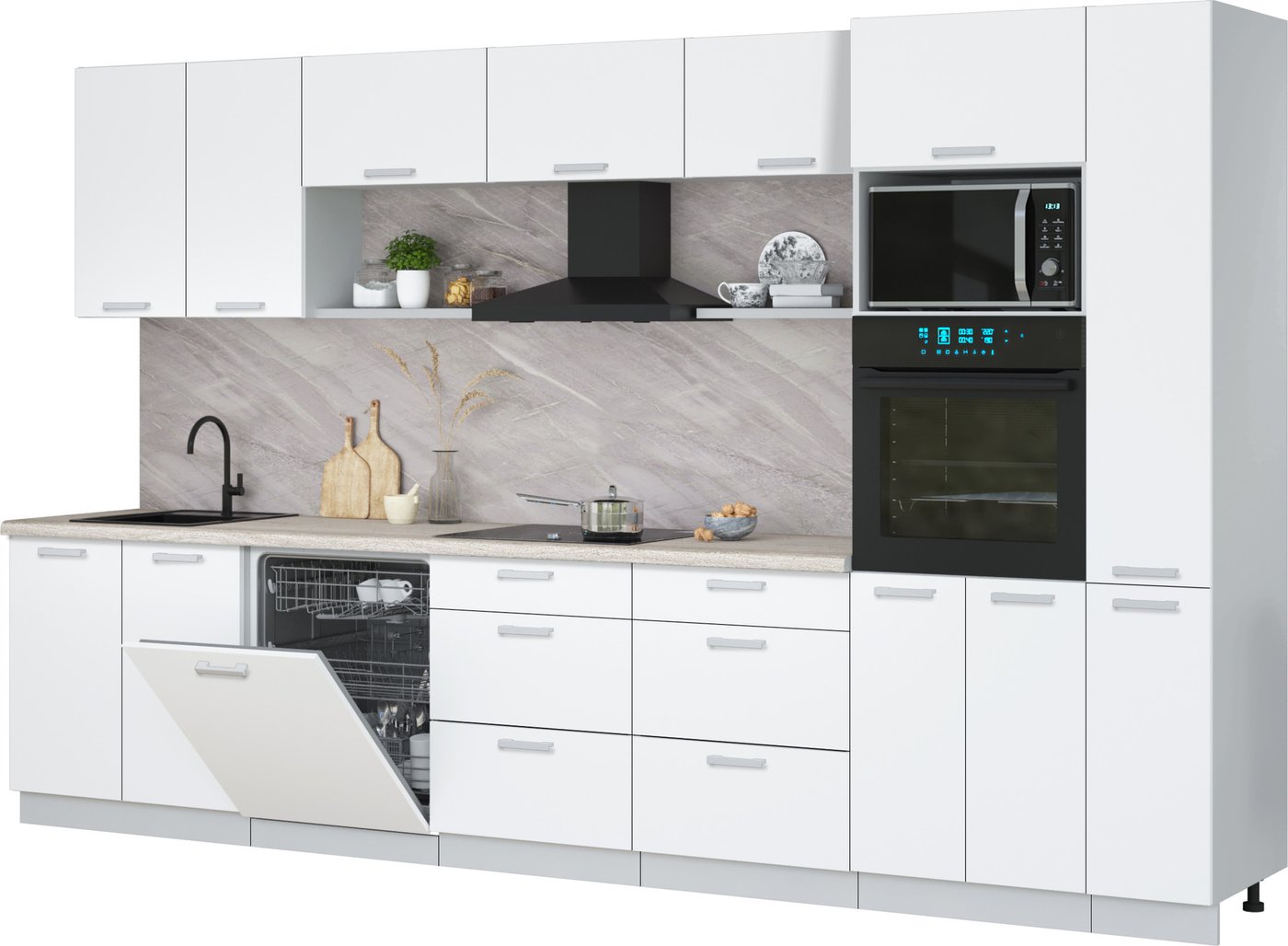 

Готовая кухня Интерлиния Мила Лайт 3.5-ПМ1 (белый платинум/белый платинум/травертин серый)