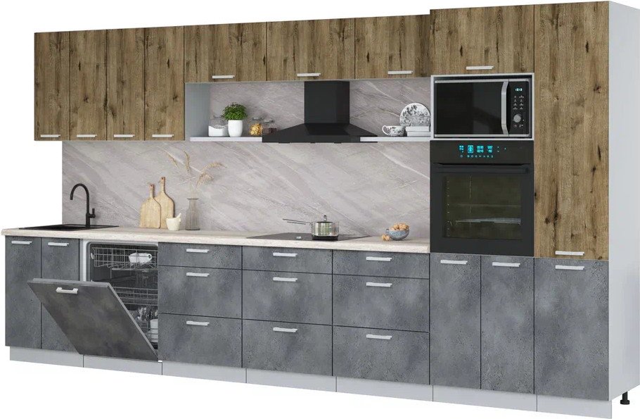 

Готовая кухня Интерлиния Мила Лайт 4.0-ПМ1 (дуб веллингтон/бетон портленд/травертин серый)