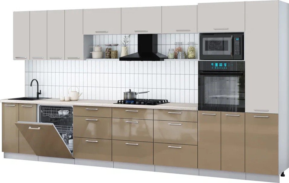 

Готовая кухня Интерлиния Мила Gloss 4.0-ПМ1 (капучино глянец/кашемир/травертин серый)