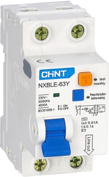 

Дифференциальный автомат Chint NXBLE-63Y 1P+N 63A 30mA AС С 4.5kA