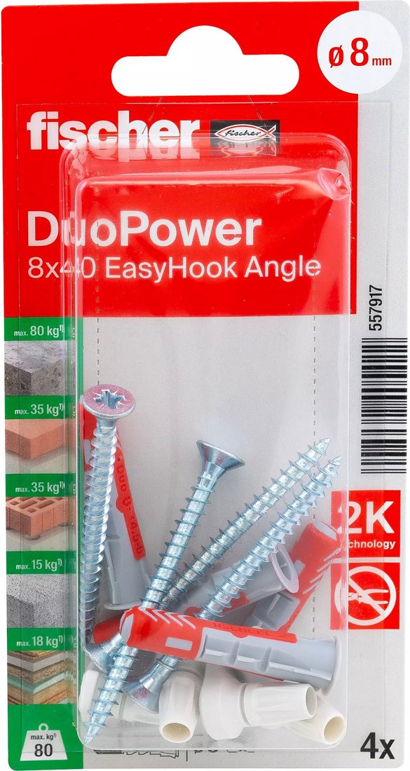 

Дюбель-костыль Fischer EasyHook Angle DuoPower 8x40 K NV 557917 (4 шт)
