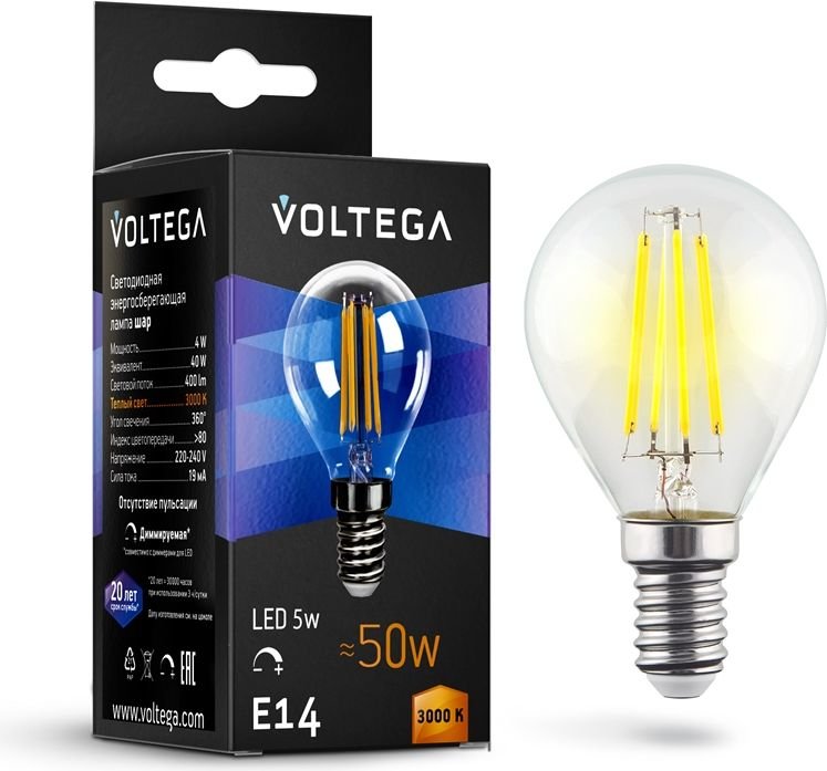 

Светодиодная лампочка Voltega Crystal Globe 5W 2800K E14 DIM 8464