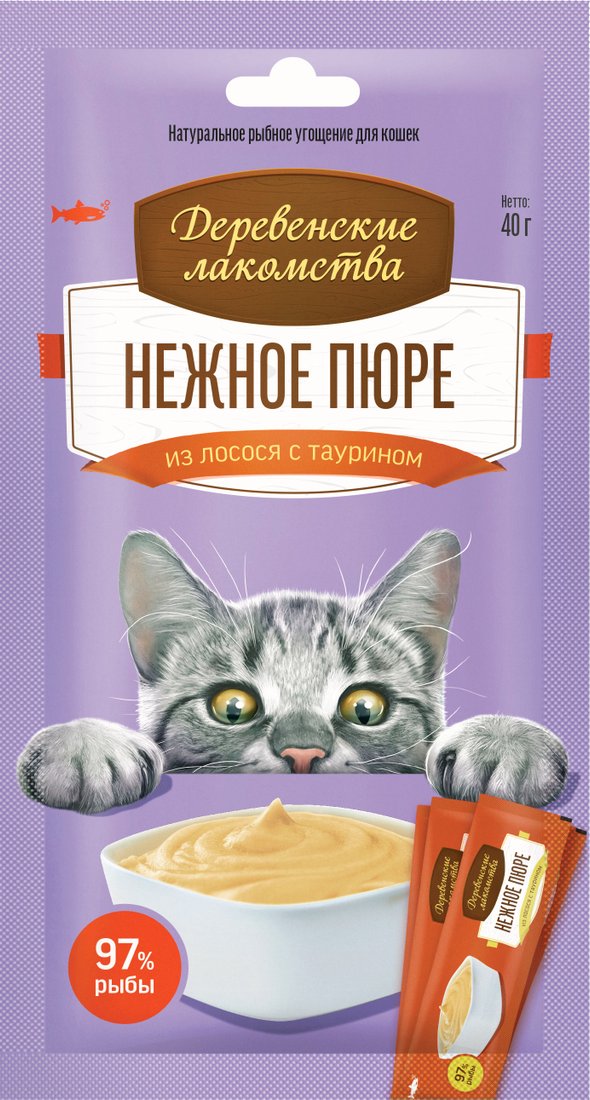 

Лакомство для кошек Деревенские лакомства Нежное пюре из лосося 40 г