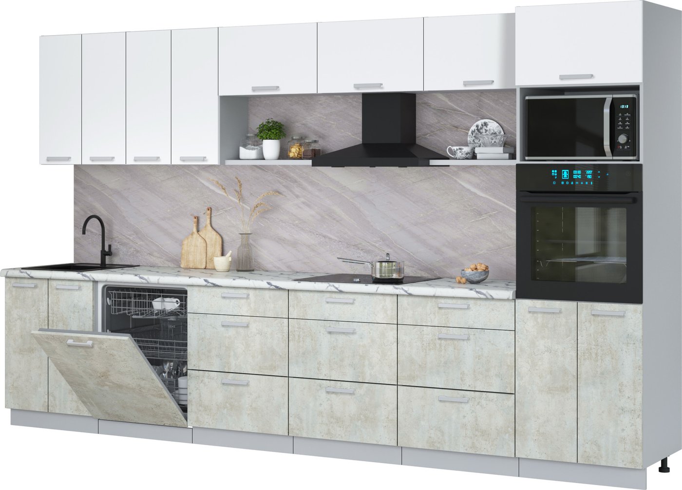 

Готовая кухня Интерлиния Мила Лайт 3.6-ПМ1-2 (белый платинум/бетон лайт/белый гранит)