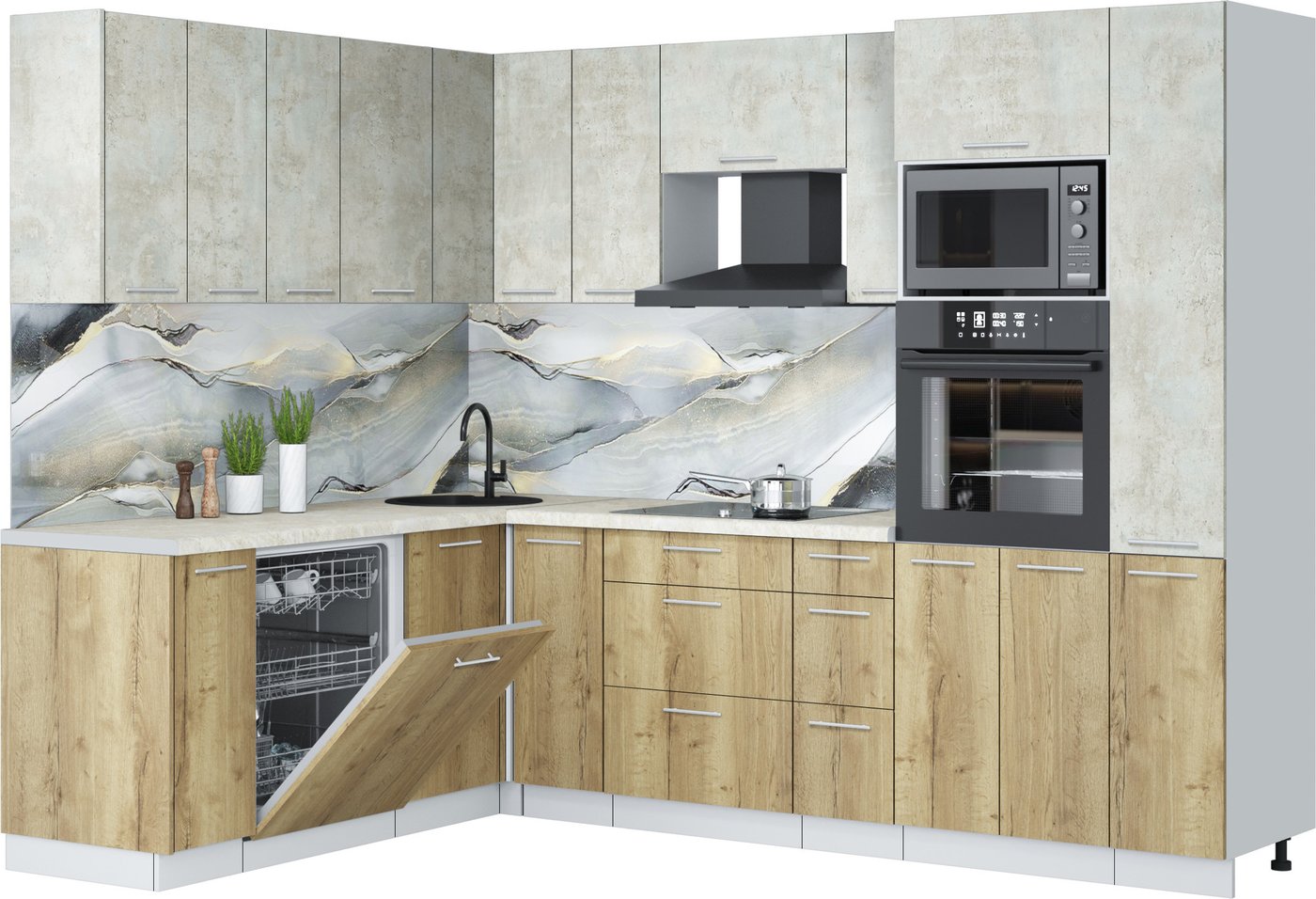 

Готовая кухня Интерлиния Мила Лайт 1.896х2.68 (бетон лайт/дуб золотой/опал светлый)