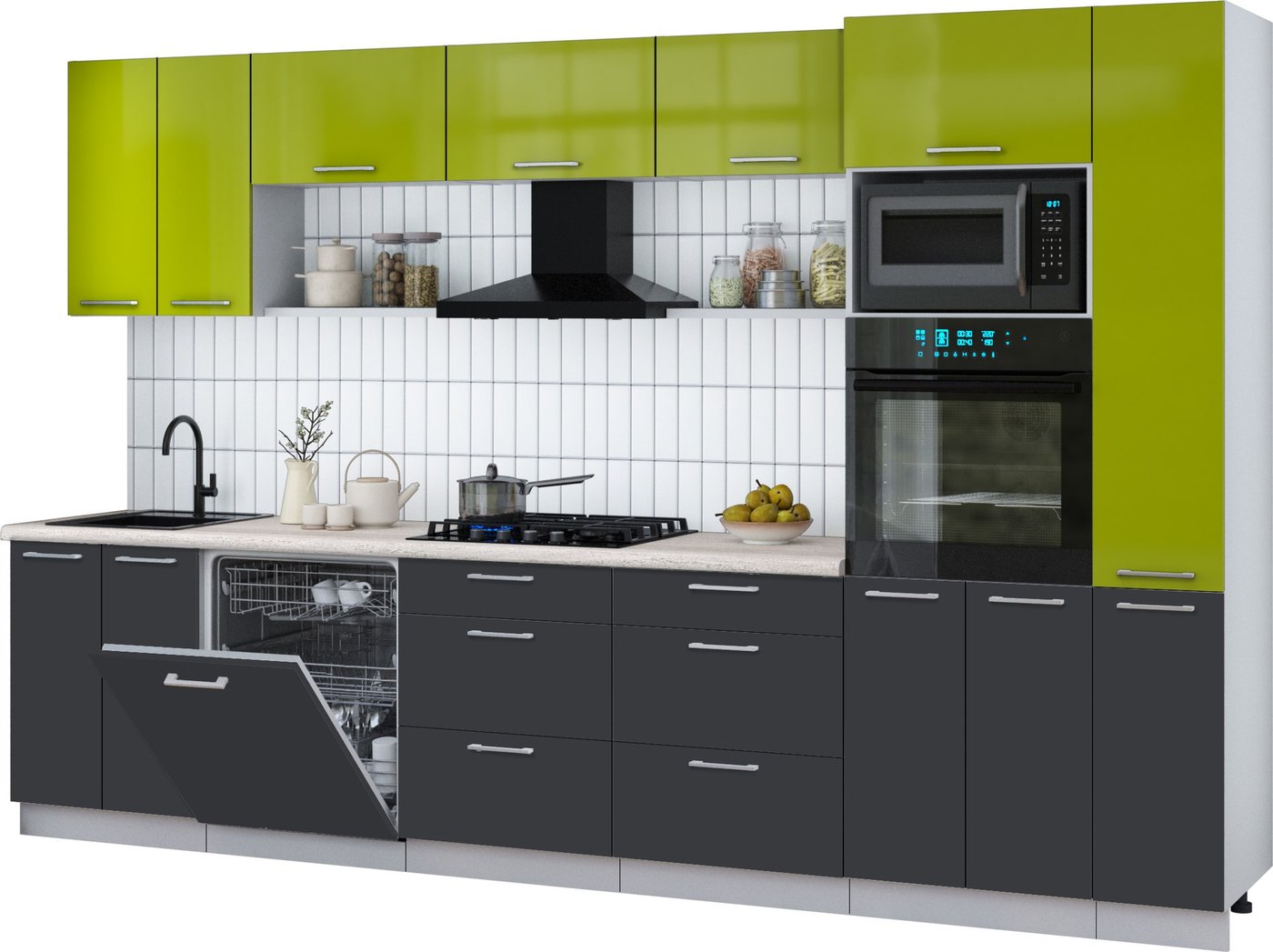 

Готовая кухня Интерлиния Мила Gloss 3.3-ПМ1 (пепел/яблоко глянец/травертин серый)